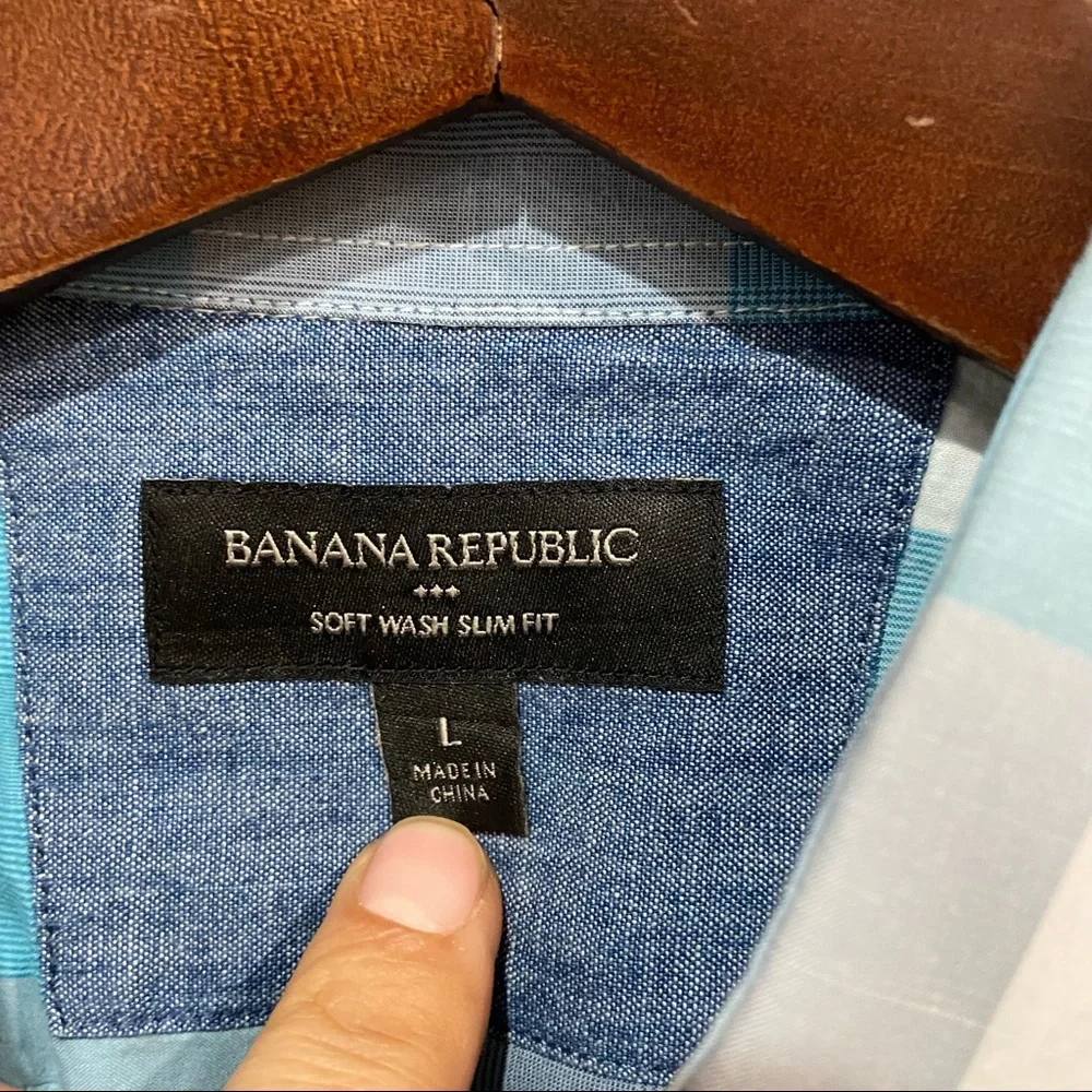 Banana Republic Men's Blue Plaid Button Down Soft Wash Slim Fit Size Large